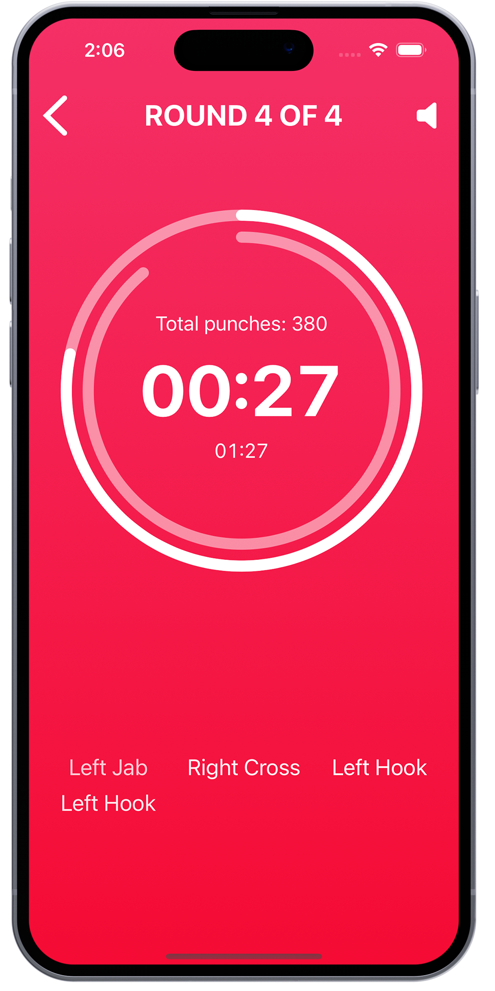 Boxing workout timer app on iPhone displaying ongoing boxing round and punch combinations