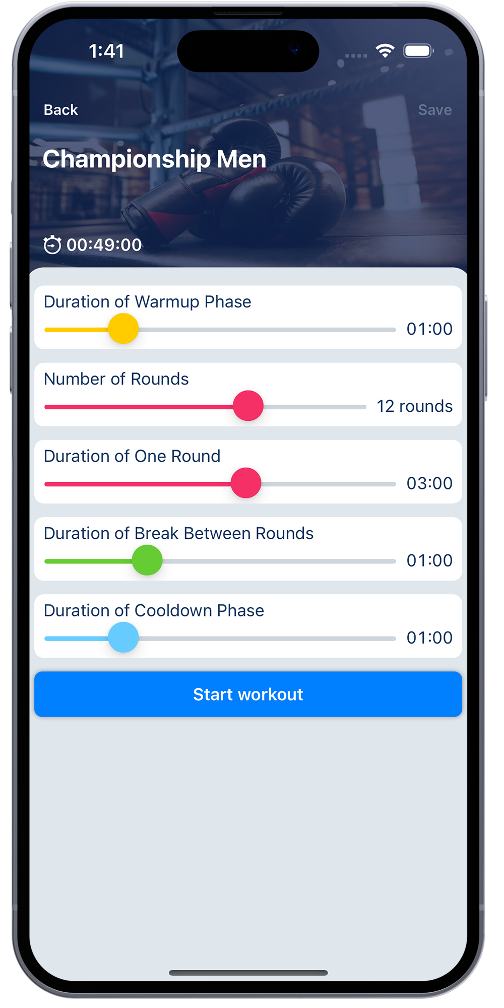 Boxing workout timer app on iPhone displaying configuration of boxing rounds and durations