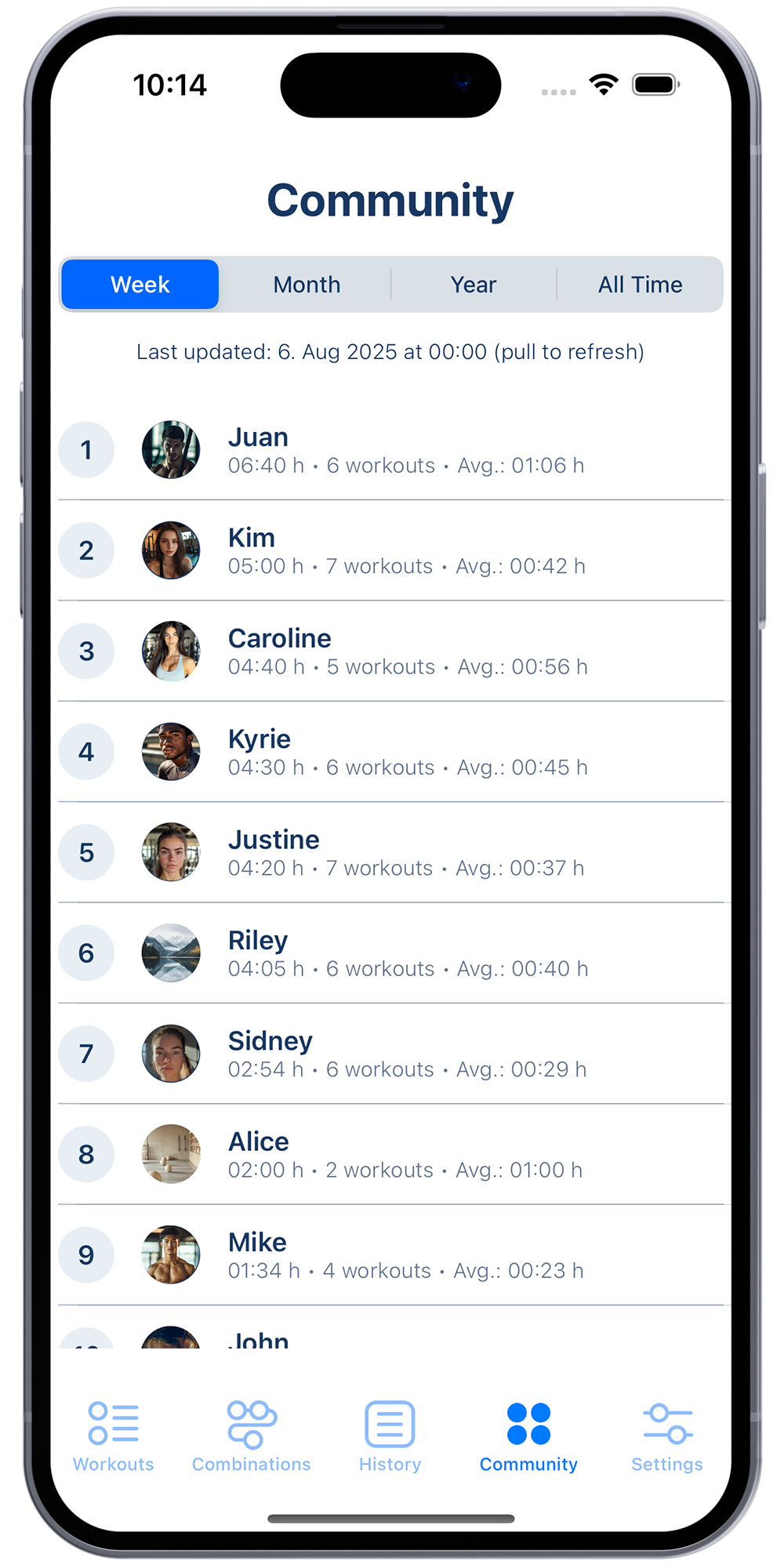 Boxing workout timer app on iPhone displaying a community leaderboard