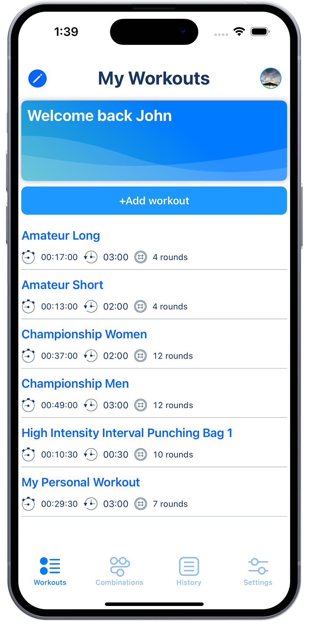 Boxing workout timer app on iPhone displaying list of invidiual box workouts