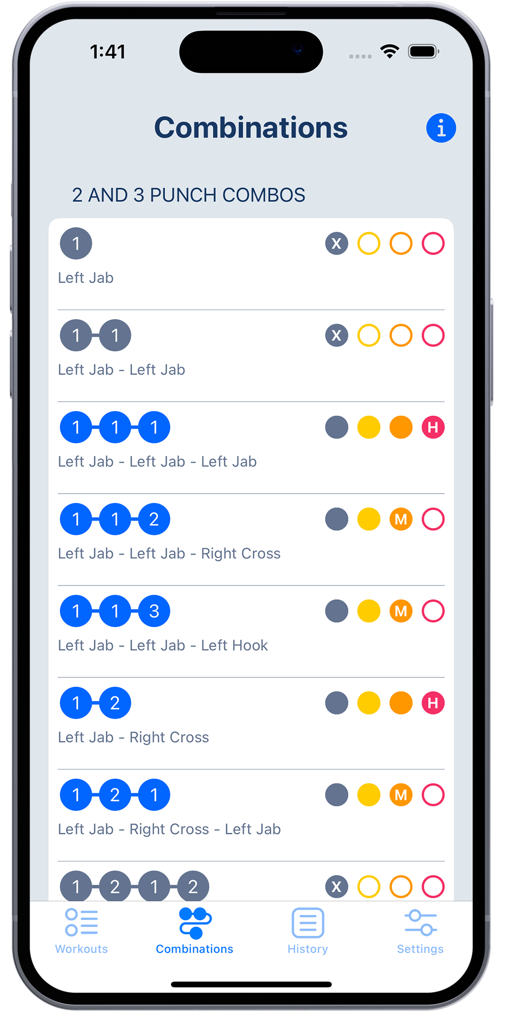 Boxing workout timer app on iPhone displaying available 2 and 3 punch combos