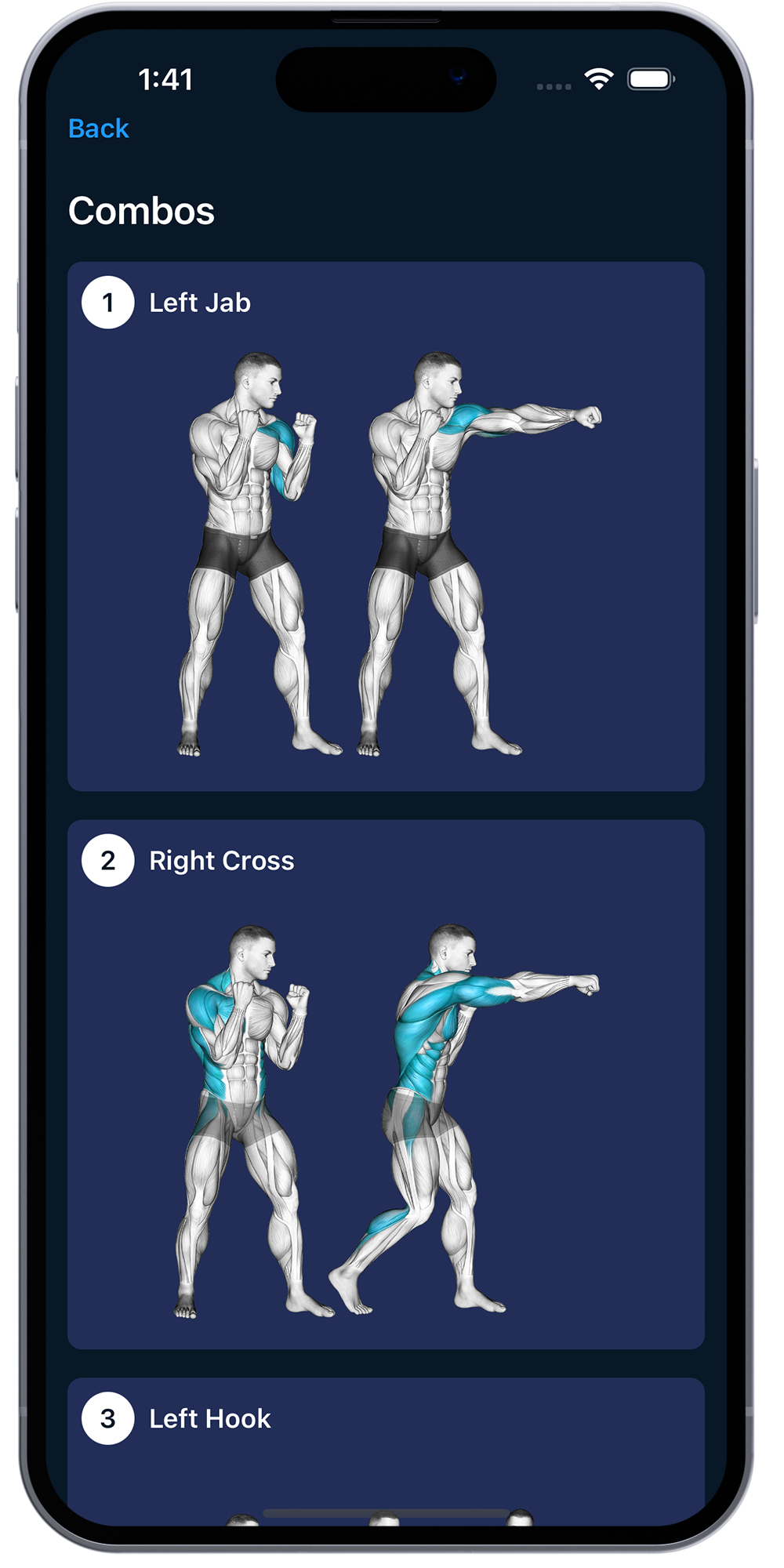 Boxing workout timer app on iPhone displaying guidance on how to execute a jab and cross punch