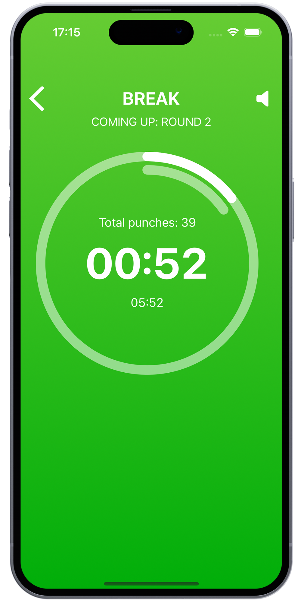 Boxing workout timer app on iPhone displaying the break between two boxing rounds