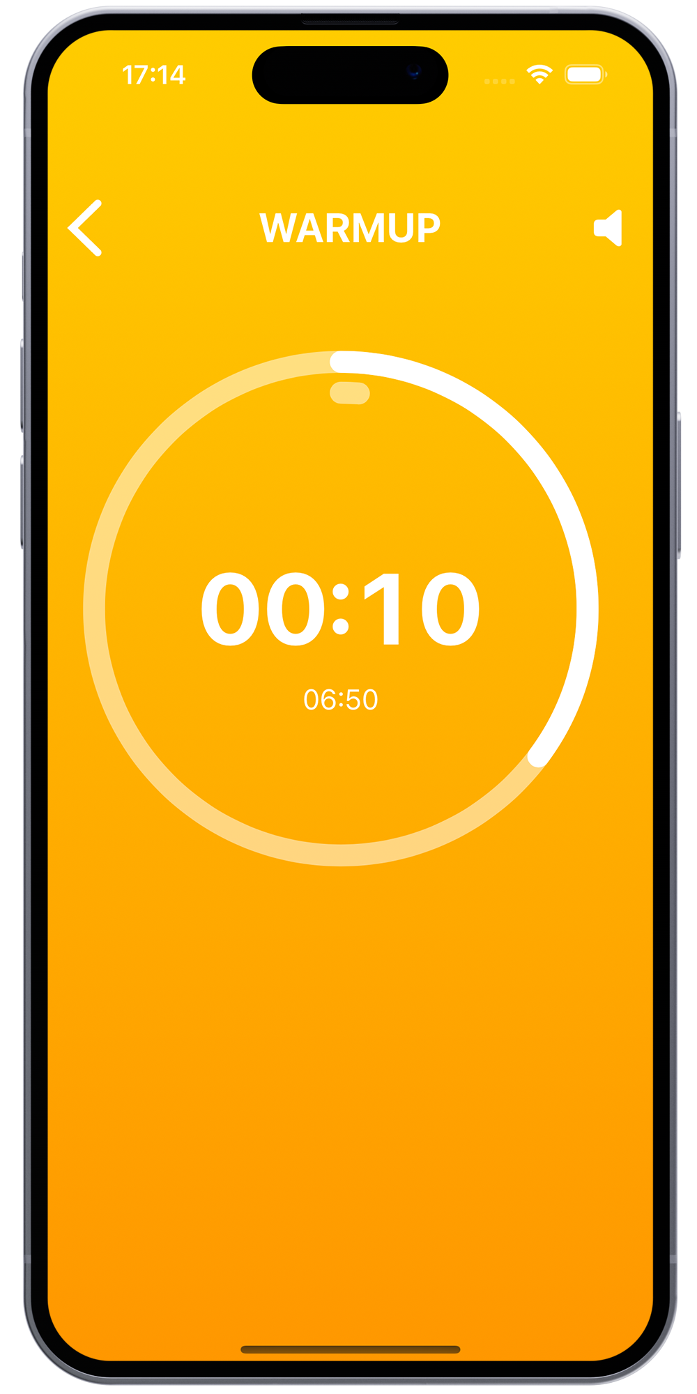 Boxing workout timer app on iPhone displaying the warmup phase