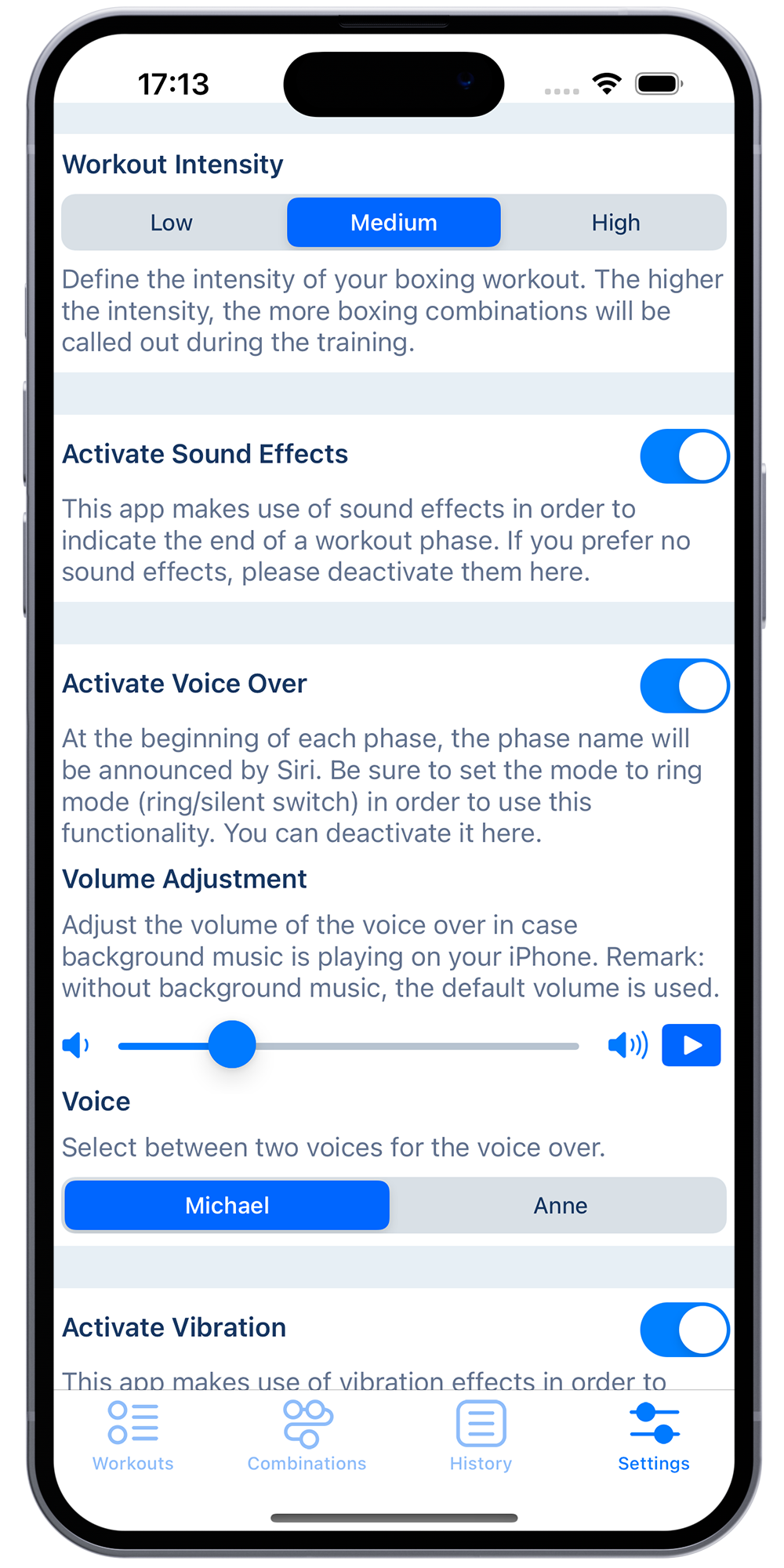 Boxing workout timer app on iPhone displaying setting screen to adjust intensity and audio levels