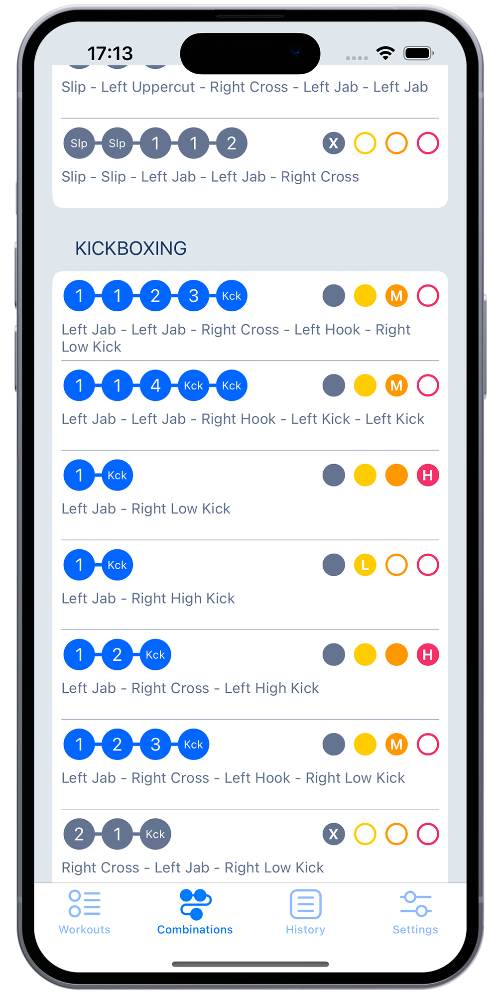 Boxing workout timer app on iPhone displaying available kickboxing combos